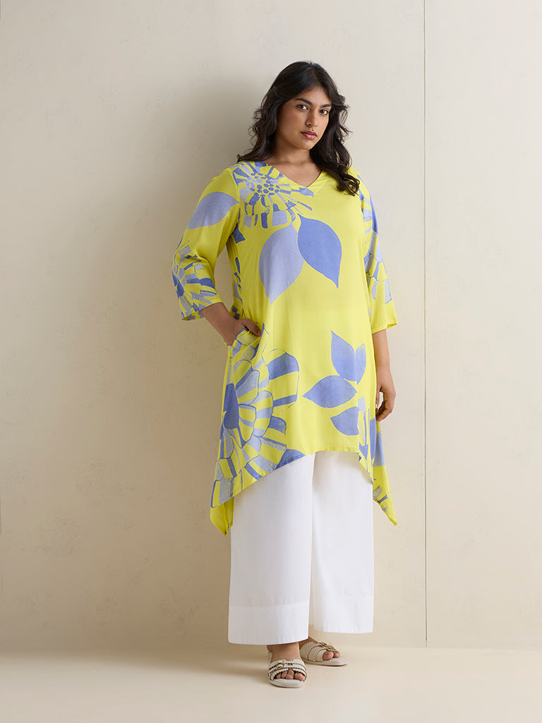 Diza Lime Floral Printed A-Line Kurta