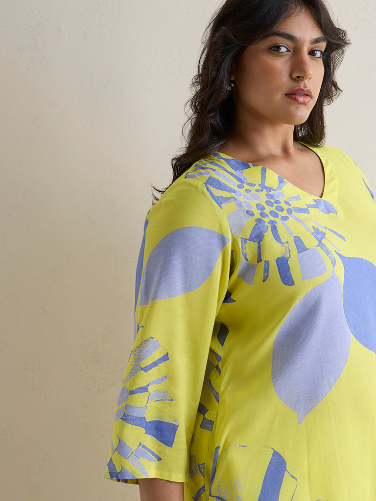 Diza Lime Floral Printed A-Line Kurta