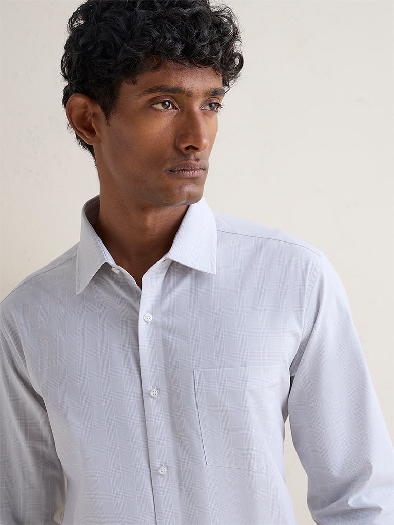 WES Formals Grey Checks Printed Slim-Fit Cotton Shirt
