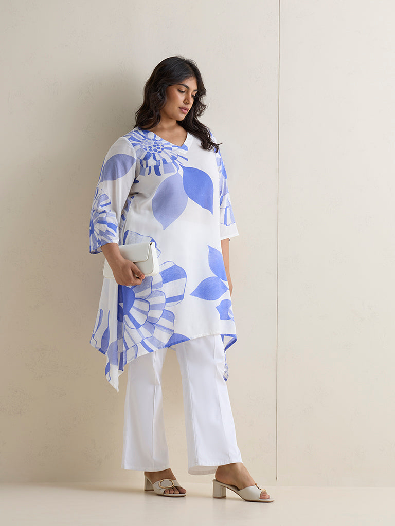 Diza White Floral Design A-Line Kurta