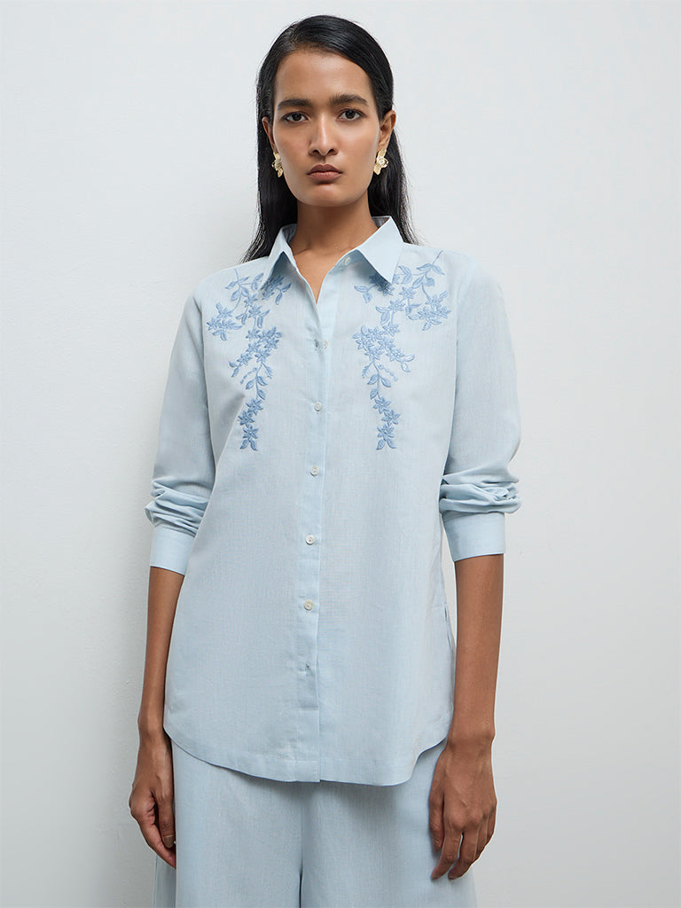 Zuba Powder Light Blue Floral Embroidered Linen Blend Tunic