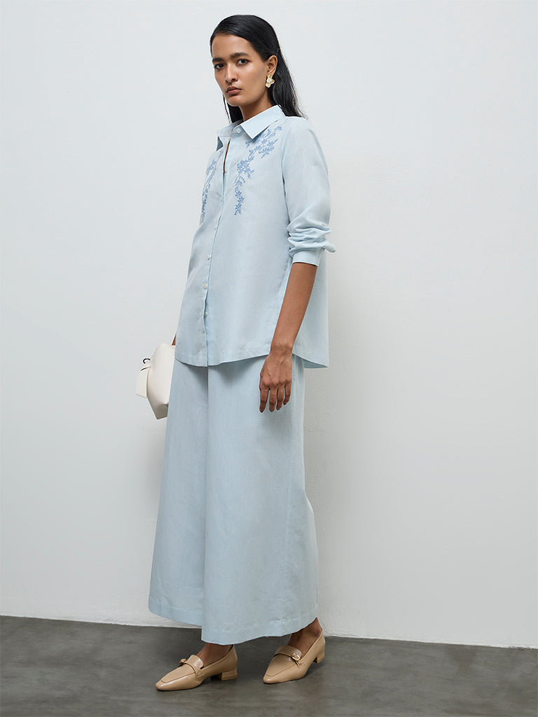 Zuba Powder Light Blue Floral Embroidered Linen Blend Tunic