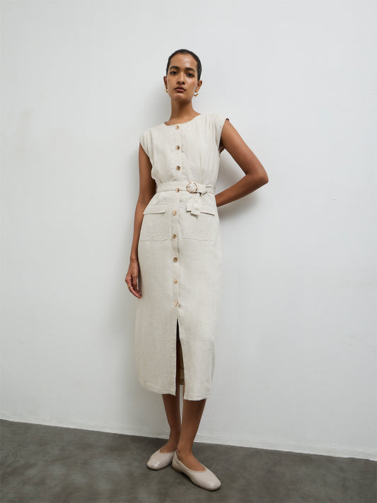 Wardrobe Off-White Cotton A-Line Dress with Belt