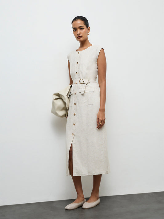 Wardrobe Off-White Cotton A-Line Dress with Belt