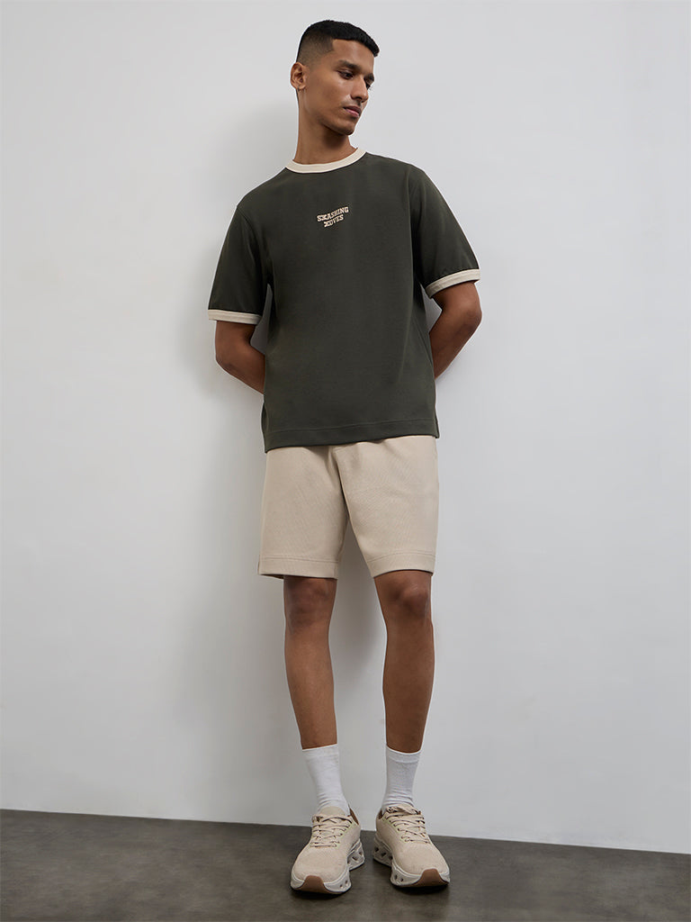 Nuoflexx Olive Text Printed Relaxed-Fit Cotton-Blend T-Shirt