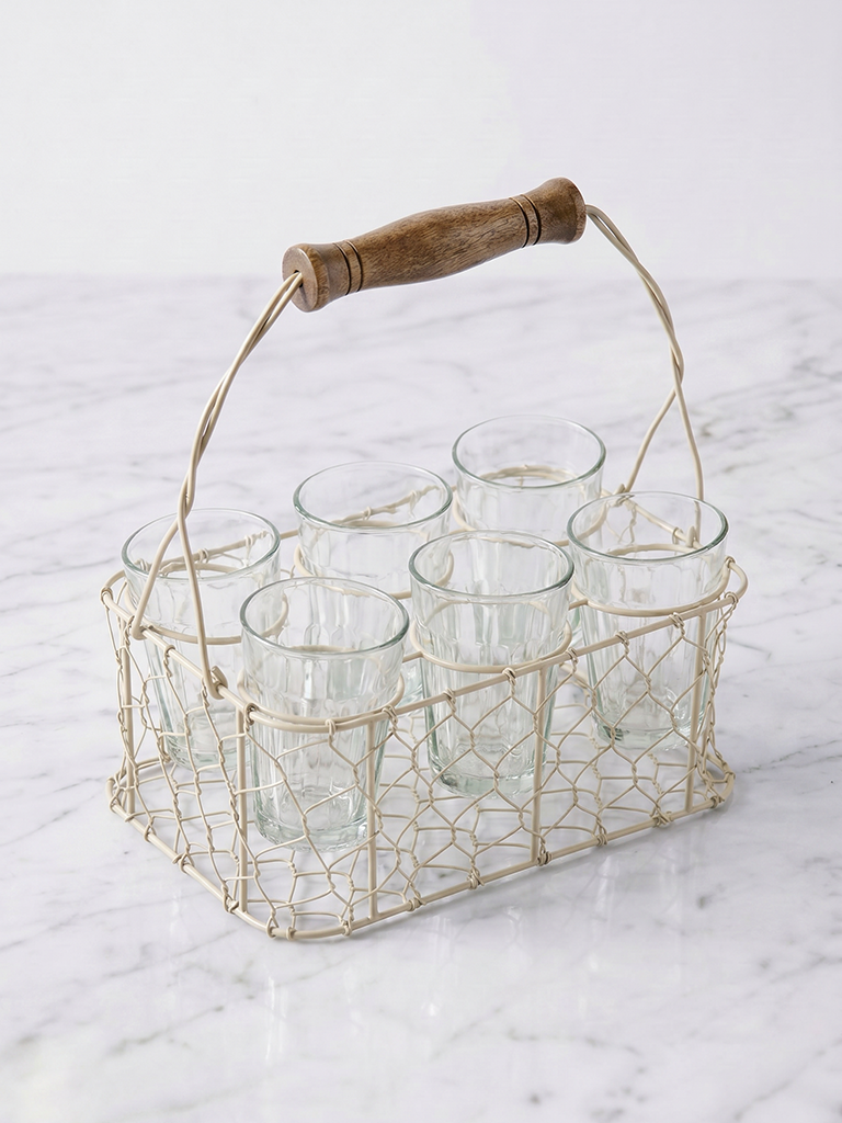 Westside Home Beige Wired Chai Caddy with Glasses - Set of 6