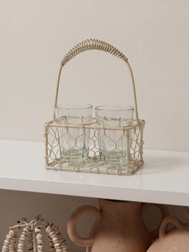 Westside Home Beige Wired Chai Caddy with Glasses - Set of 4