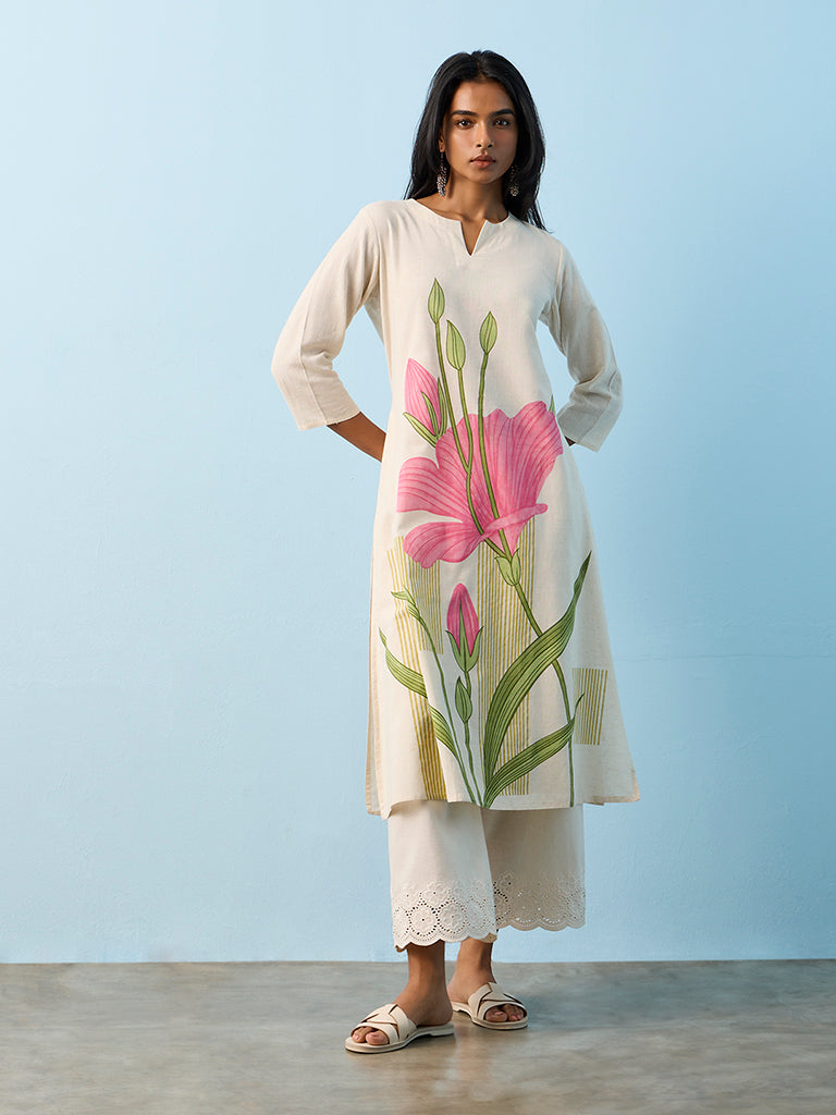 Utsa Light Beige Floral Design Cotton-Blend A-Line Kurta