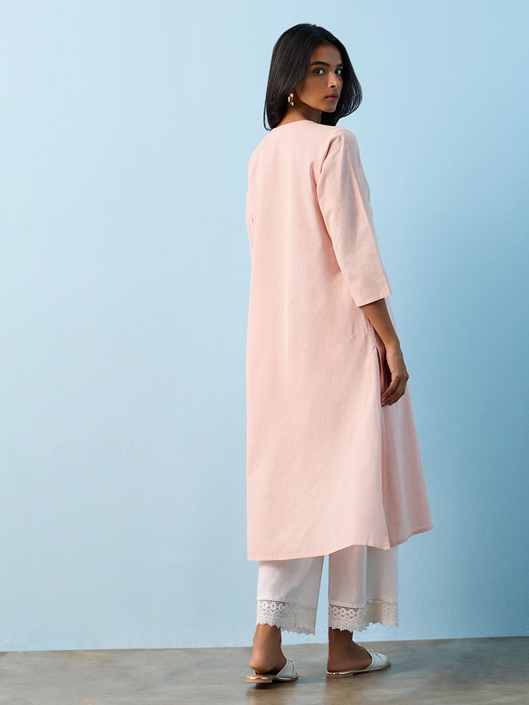 Utsa Off-White Floral Printed Cotton-Blend A-Line Kurta