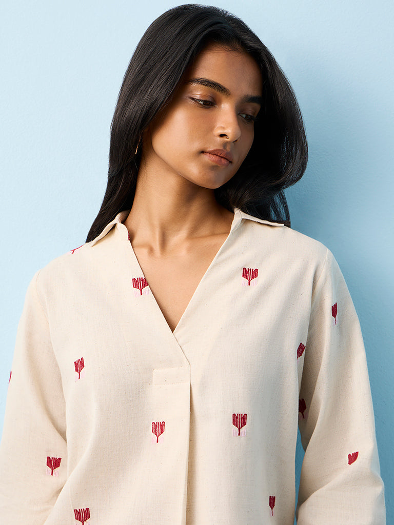 Utsa Beige Embroidered Cotton-Blend Tunic