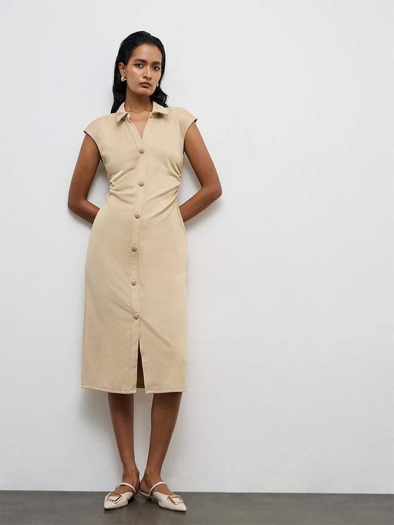 Wardrobe Light Beige Ruched A-Line Dress