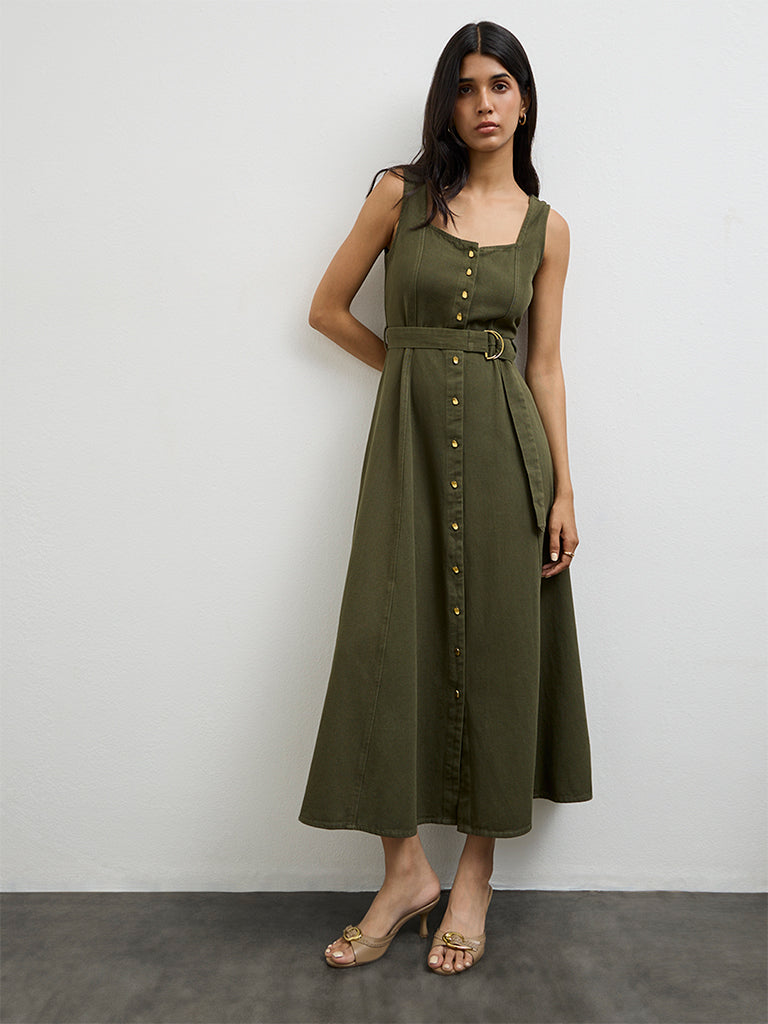 LOV Olive Solid Denim A-Line Dress