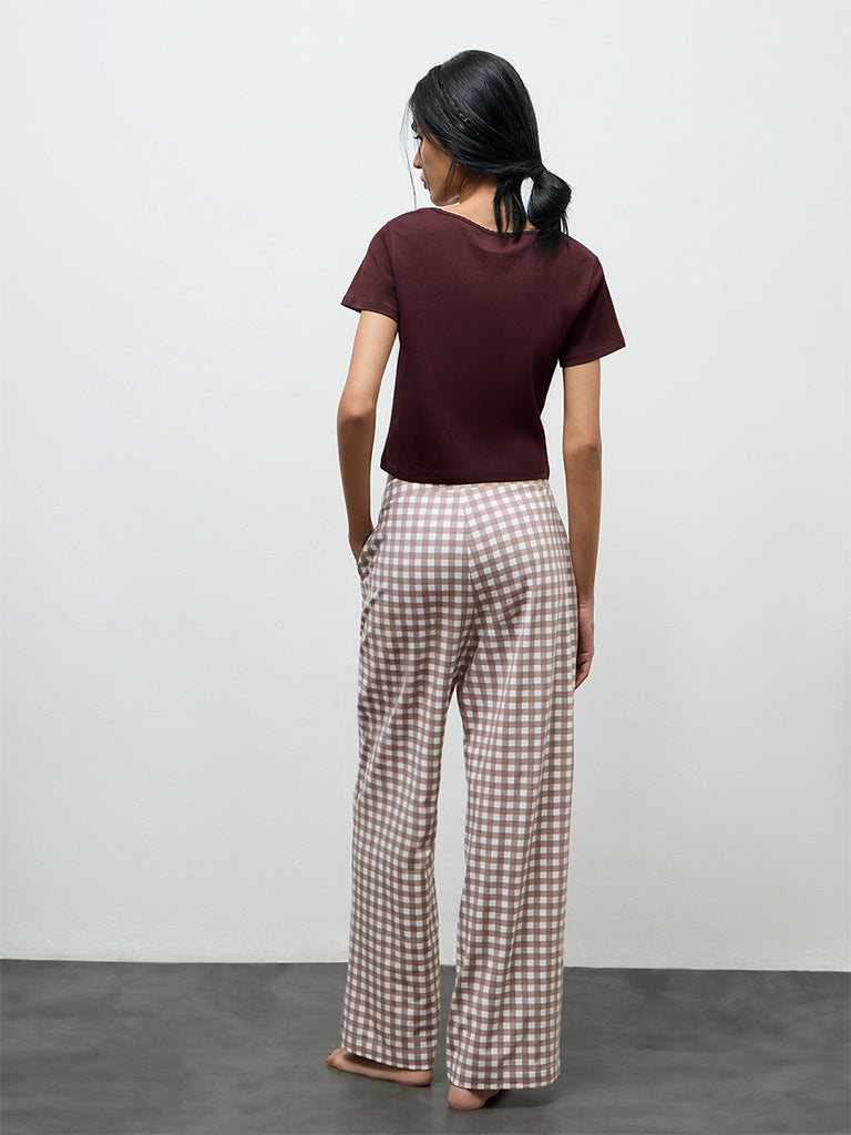 Superstar Taupe Checkered High-Rise Cotton-Blend Pants