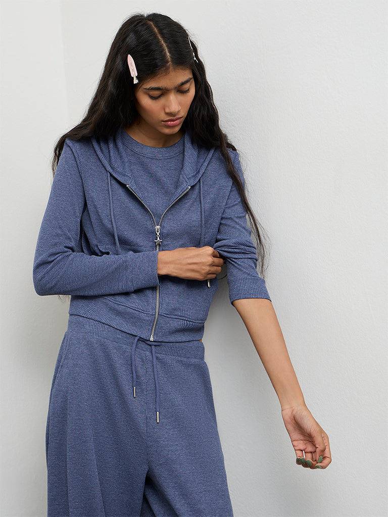 Superstar Dusty Blue Ribbed-Textured Hooded Cotton-Blend Jacket