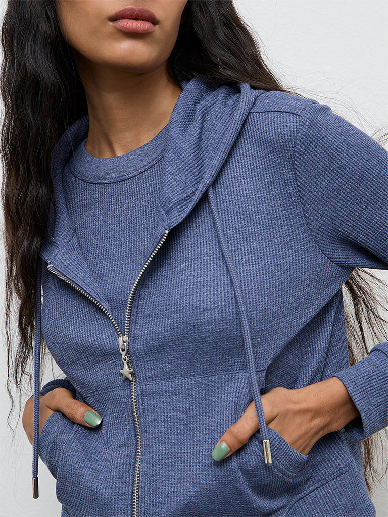 Superstar Dusty Blue Ribbed-Textured Hooded Cotton-Blend Jacket