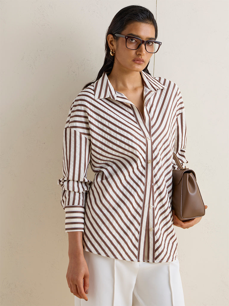 Wardrobe Brown Stripe Printed Shirt