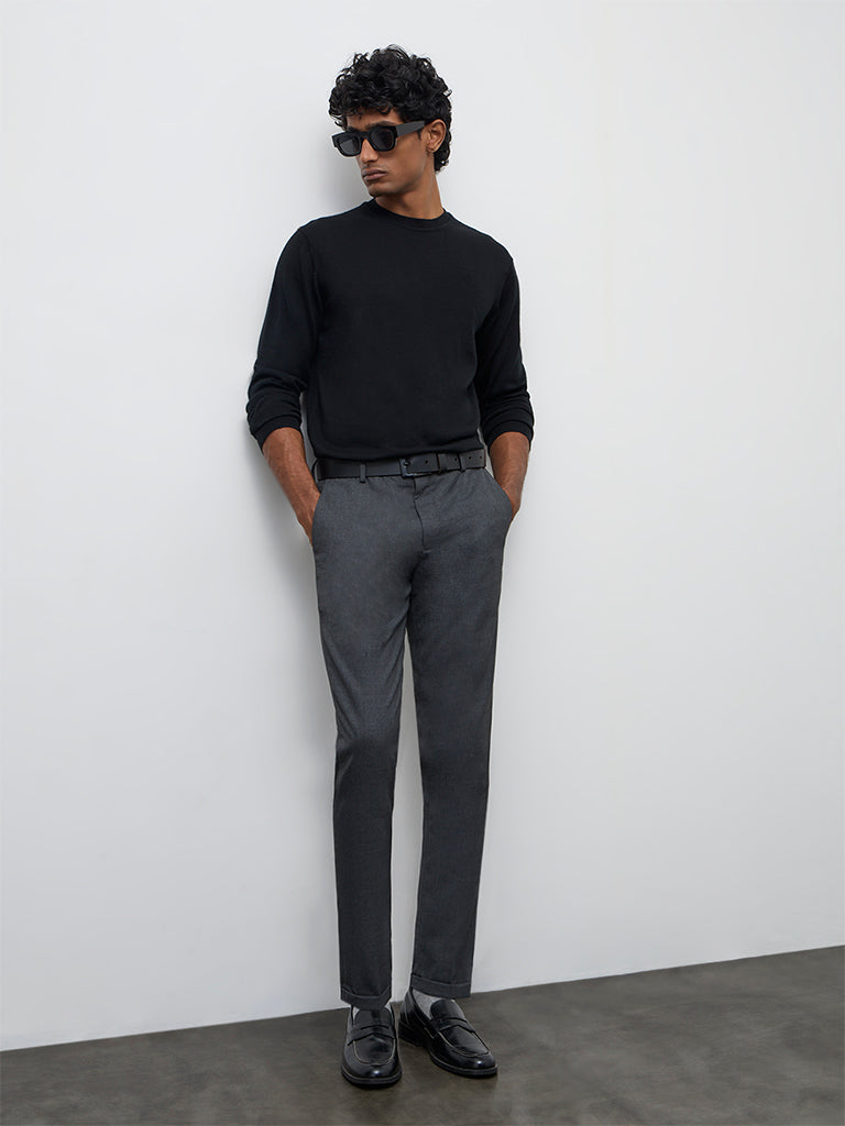 WES Formals Grey Slim-Fit Mid-Rise Trousers