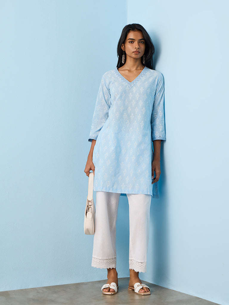 Utsa Blue Jamdani Printed Cotton A-Line Kurta