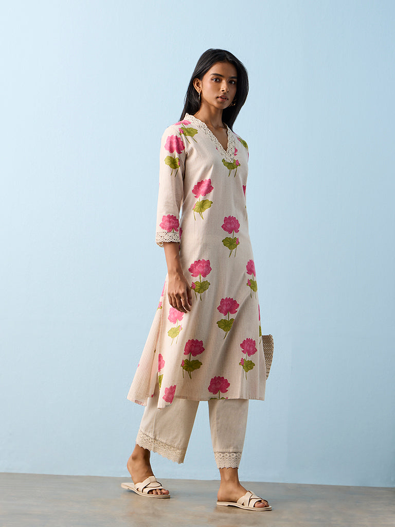 Utsa Pink Paisley Embroidered Cotton-Blend A-Line Kurta