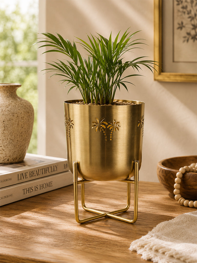 Westside Home Gold Palm Tree Design Metal Planter with Short Stand