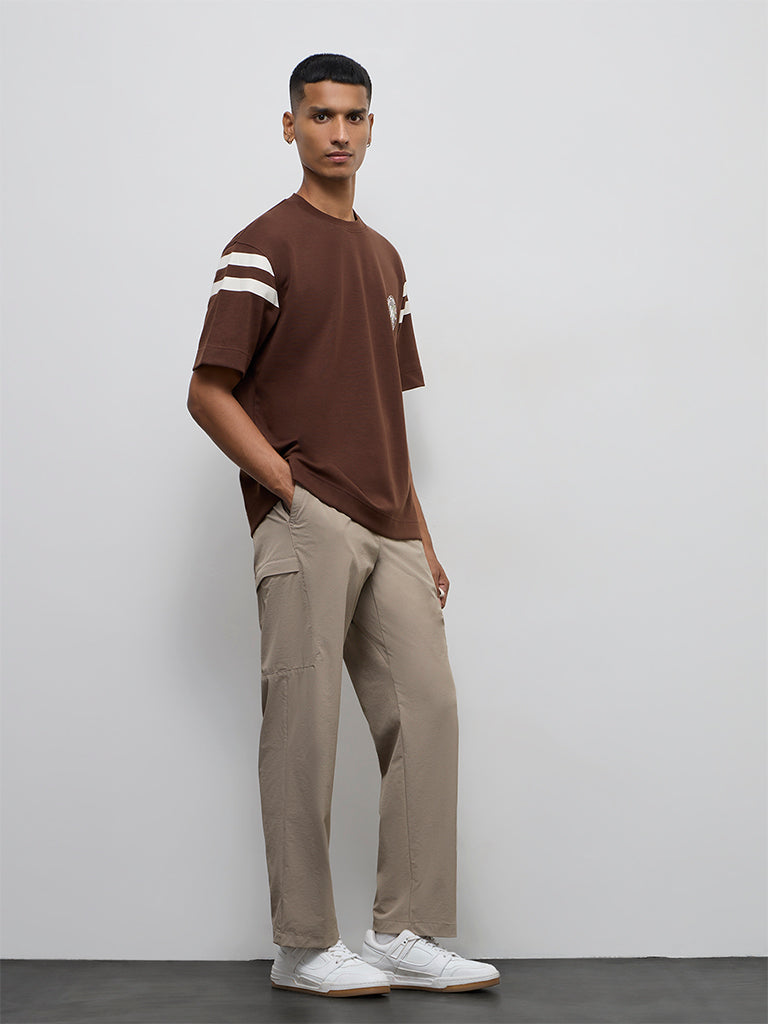 Nuoflexx Brown Typographic Relaxed-Fit Cotton-Blend T-Shirt