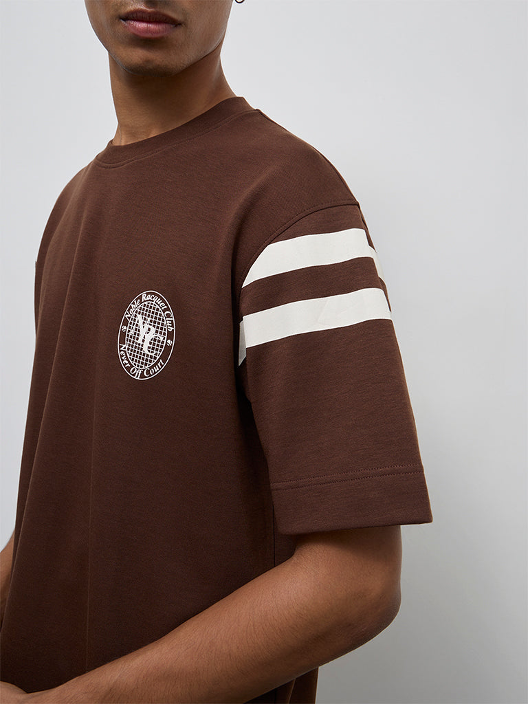 Nuoflexx Brown Typographic Relaxed-Fit Cotton-Blend T-Shirt