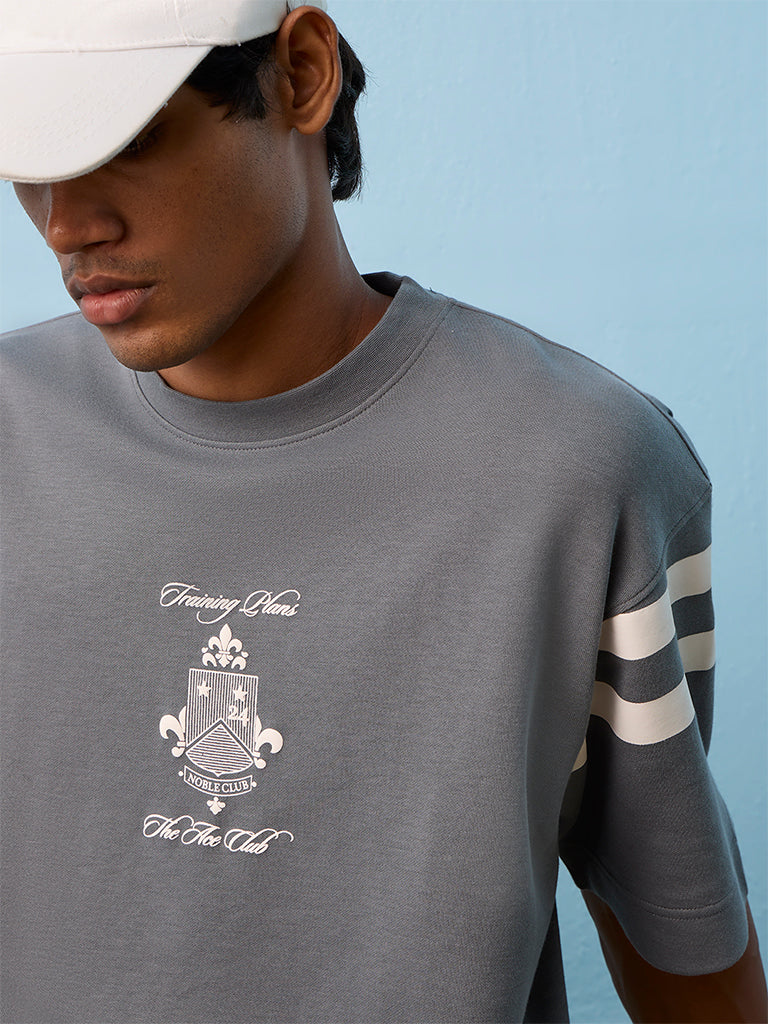 Nuoflexx Dark Grey Text-Printed Relaxed-Fit T-Shirt