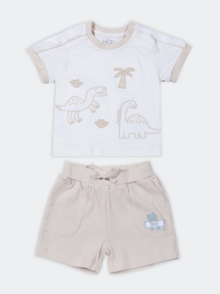 HOP Baby Boys White Regular Fit Cotton T-Shirt and Shorts Set