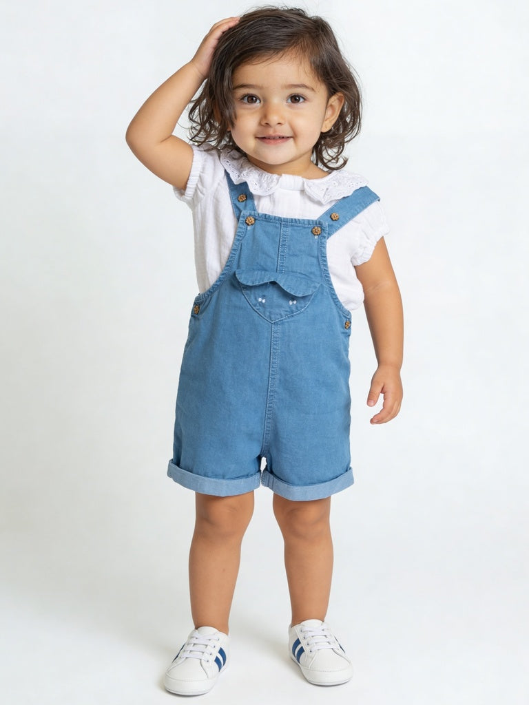 HOP Baby Girls Blue Soft Denim Dungaree Set