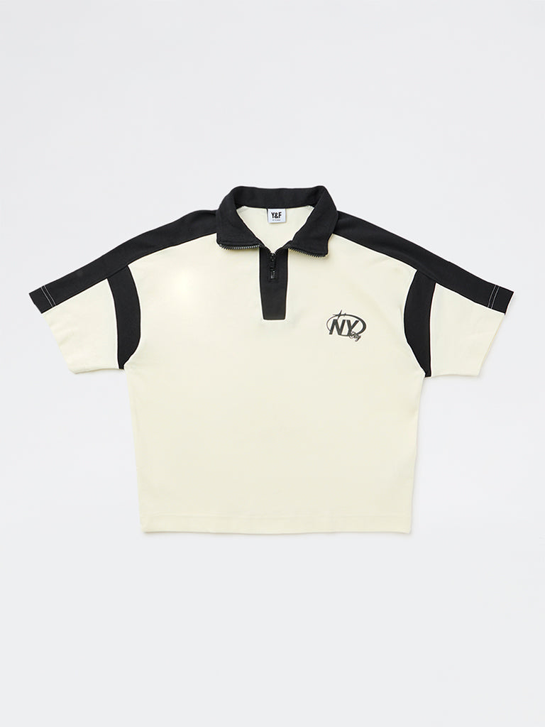 Boys Cream Text Printed Cotton T-Shirt