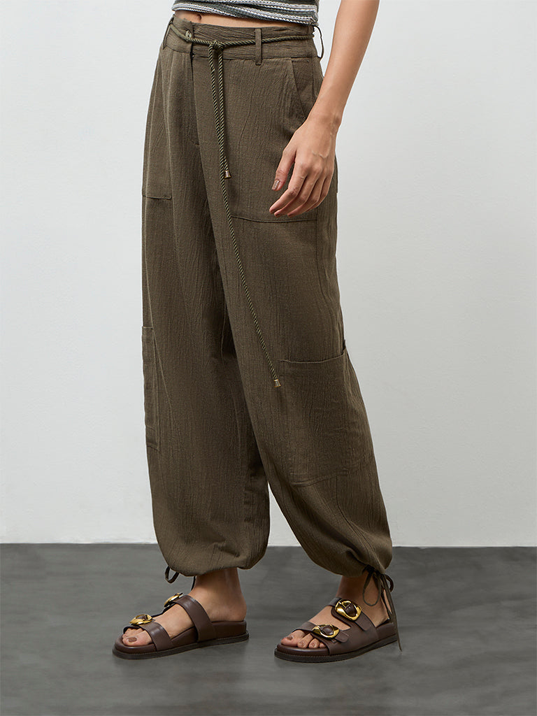 LOV Olive Textured High-Rise Pants