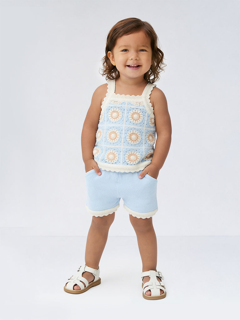 HOP Baby Girls Light Blue Embroidered Cotton Top and Shorts Set