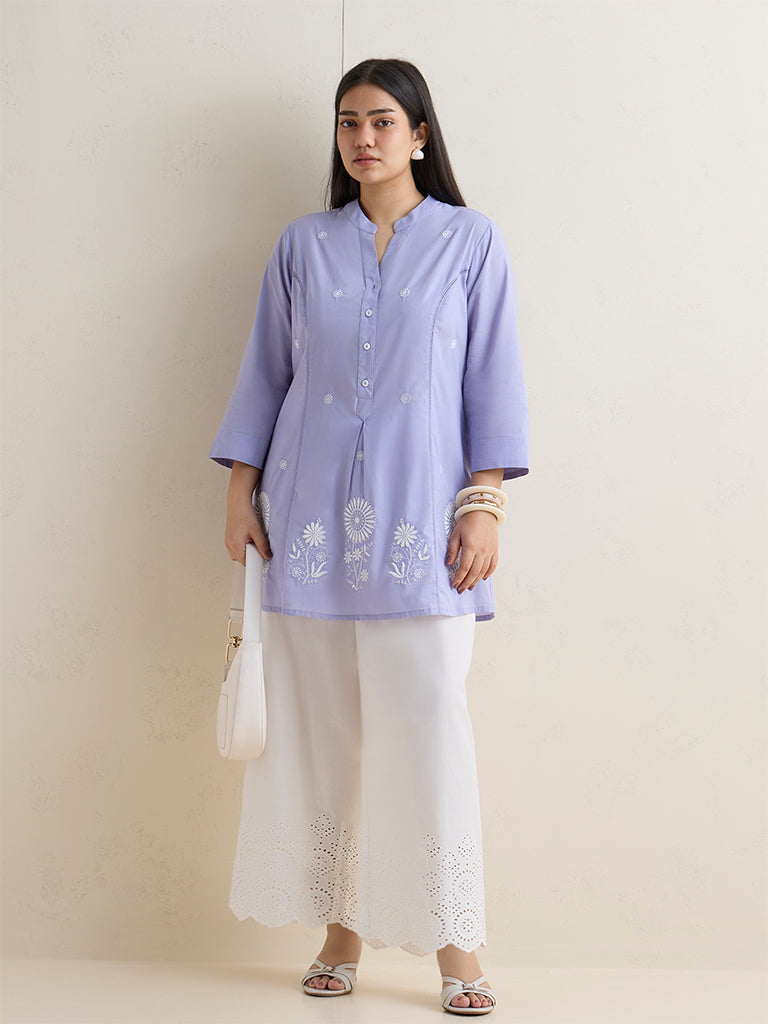 Diza Lilac Floral Embroidered Cotton Straight Kurti