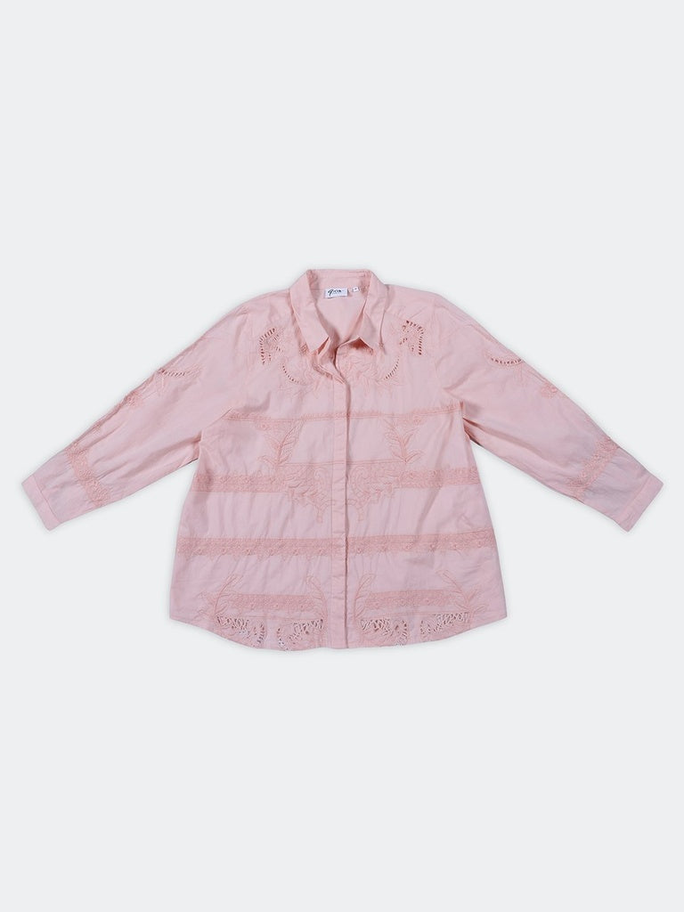 Gia Light Pink Floral Embroidered Cotton Shirt
