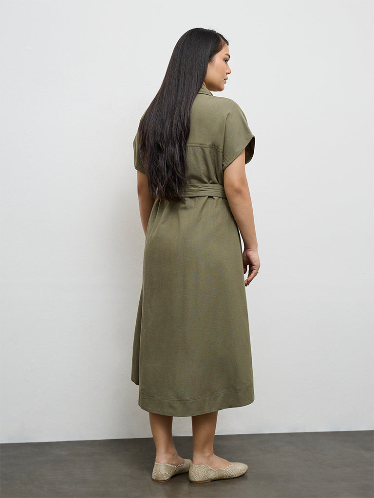 Gia Olive Solid A-Line Dress with Belt