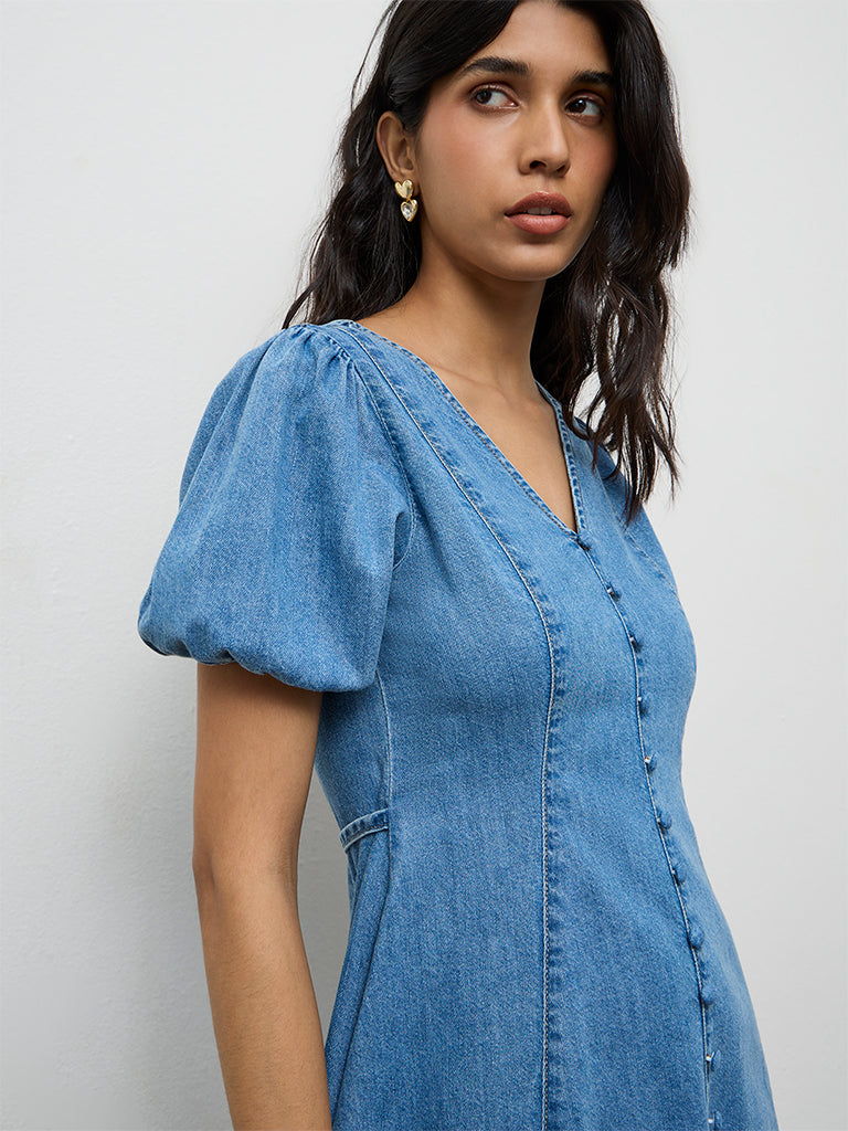 LOV Blue Washed Denim A-Line Dress