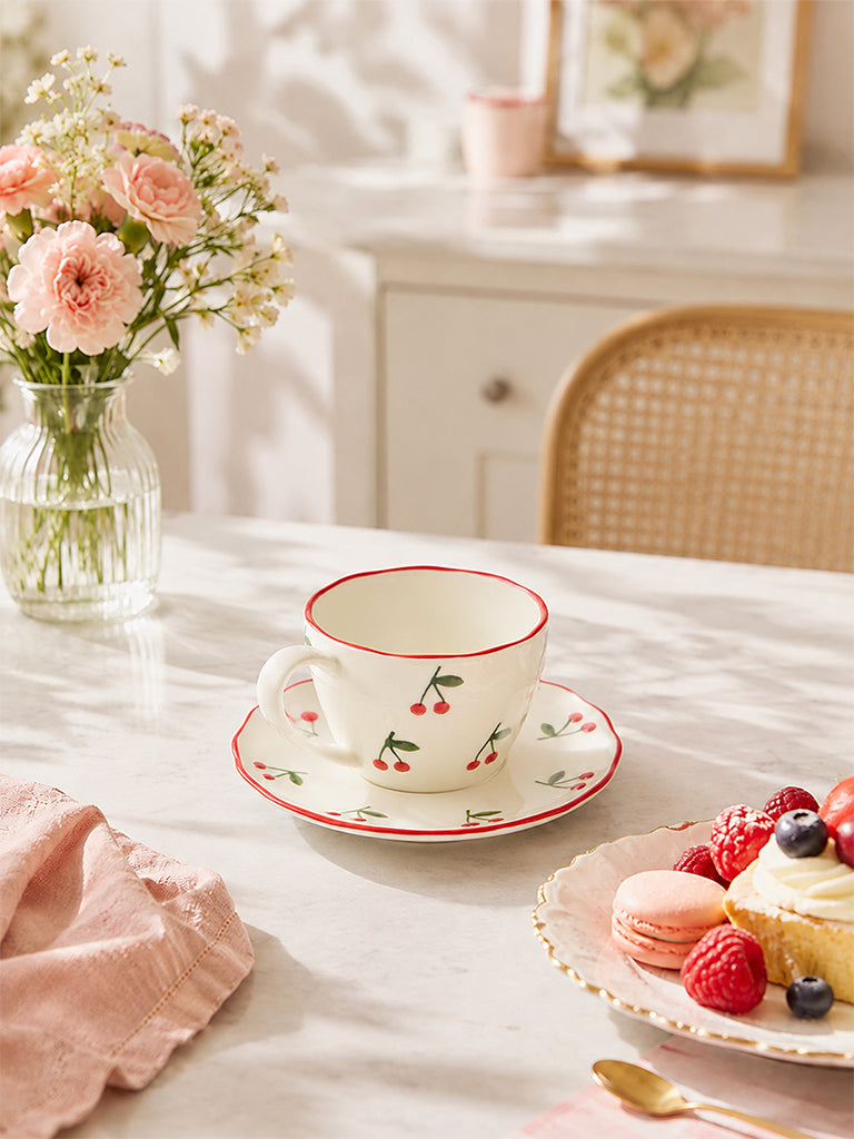 Westside Home White Cherry Pattern Cup and Saucer