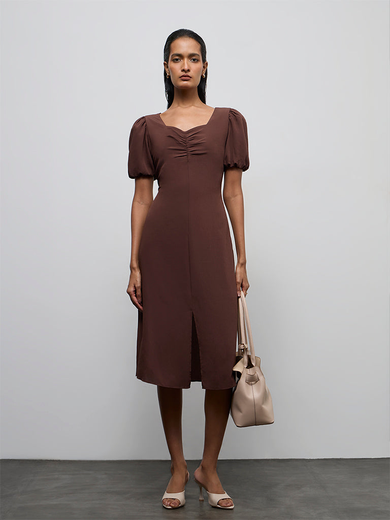 Wardrobe Dark Brown Ruched A-Line Dress