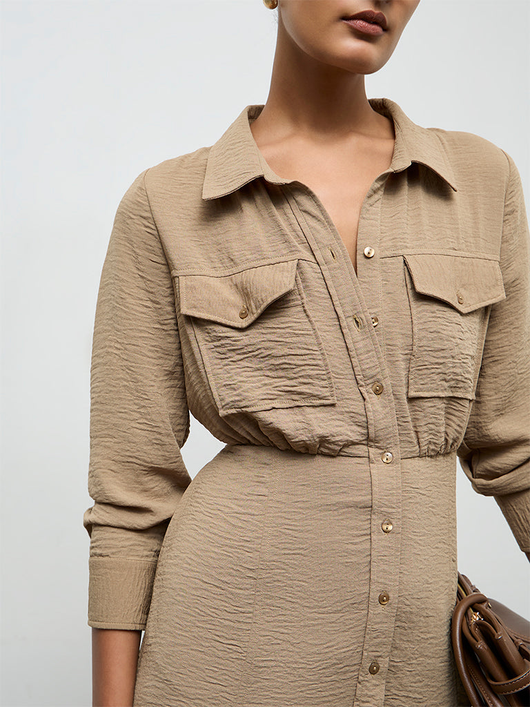 Wardrobe Khaki Crinkle-Textured Shirt Dress