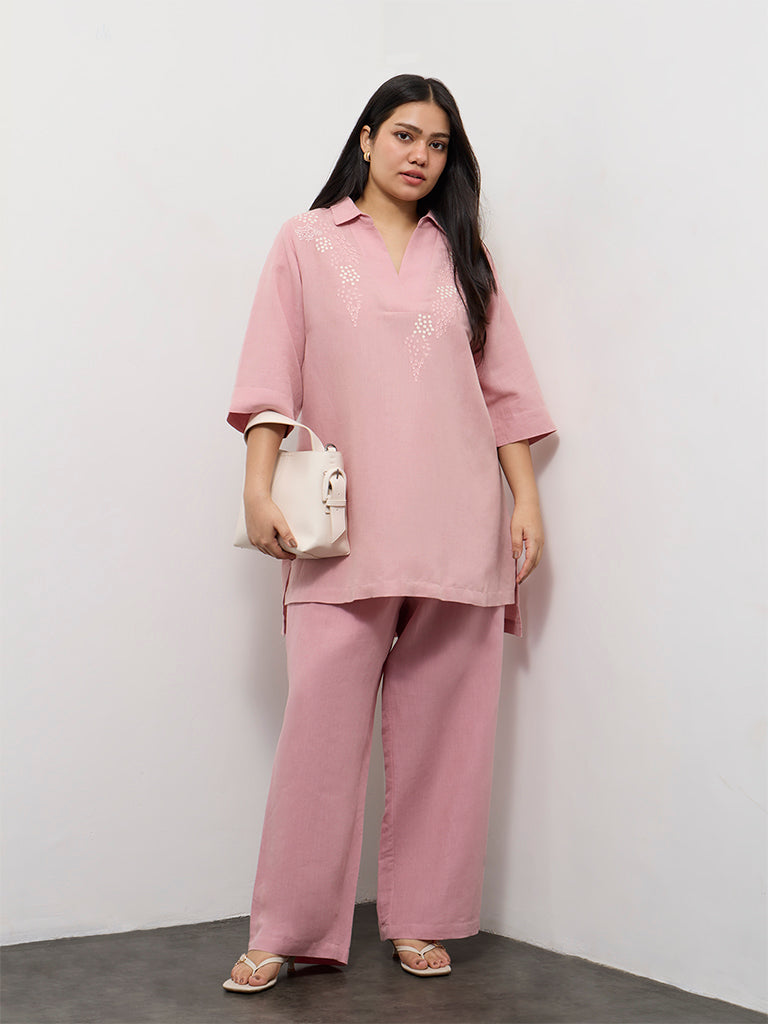 Diza Pink Solid Linen-Blend Pants