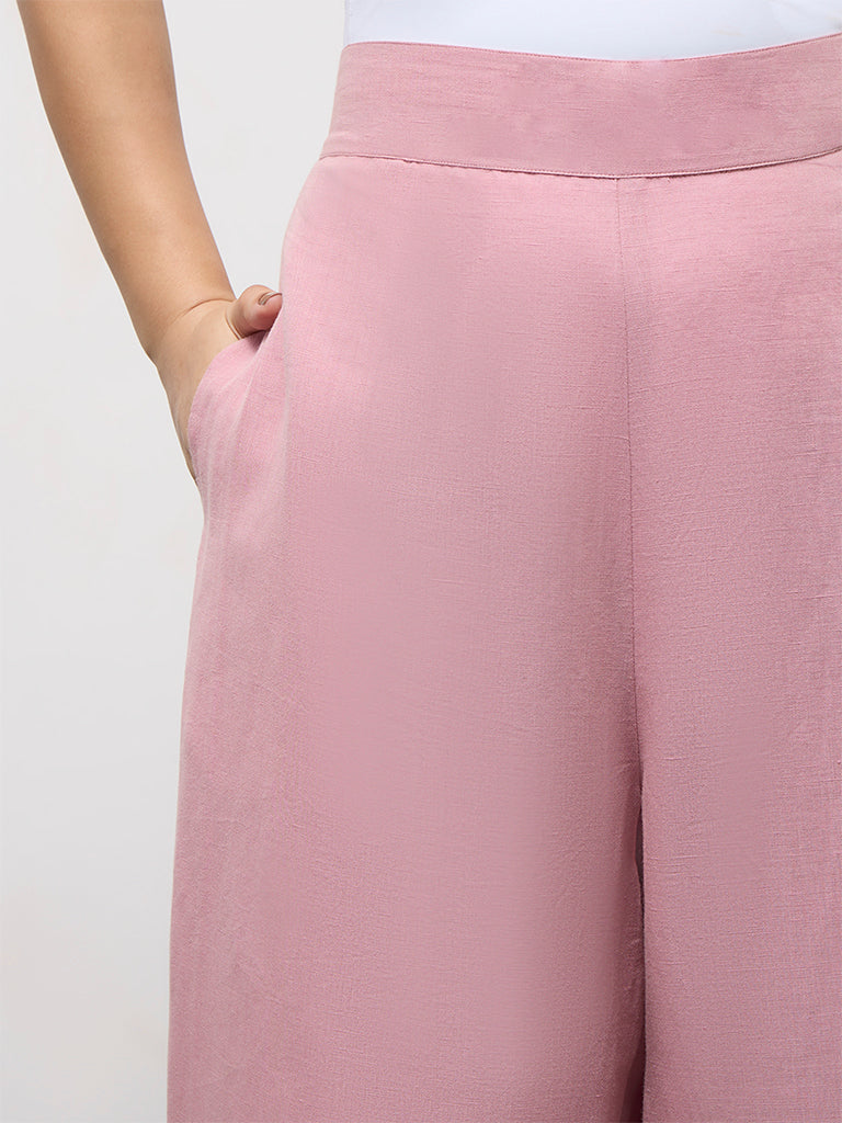 Diza Pink Solid Linen-Blend Pants
