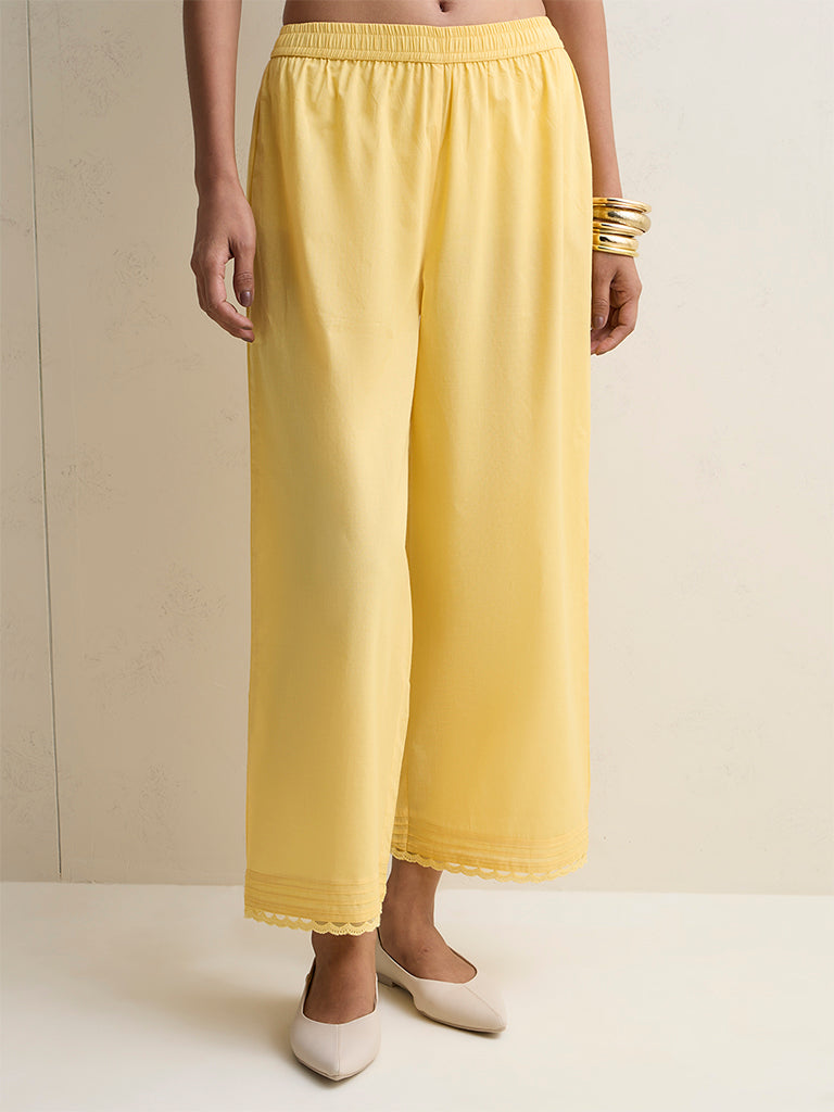 Zuba Yellow Lace-Detailed Silk Chanderi Pants