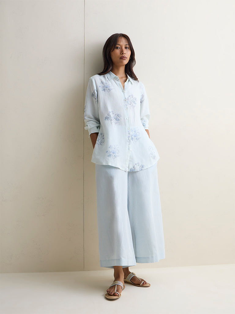 Zuba Light Blue Solid Linen Blend Palazzos