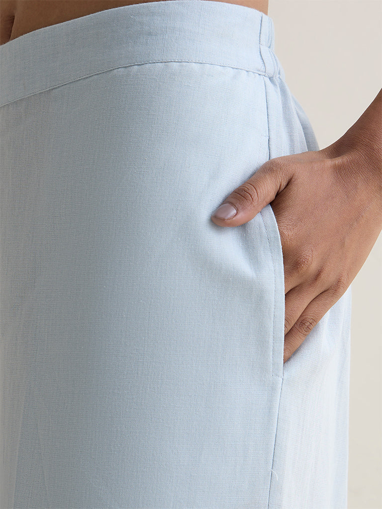 Zuba Light Blue Solid Linen Blend Palazzos