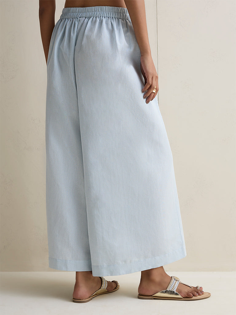 Zuba Light Blue Solid Linen Blend Palazzos