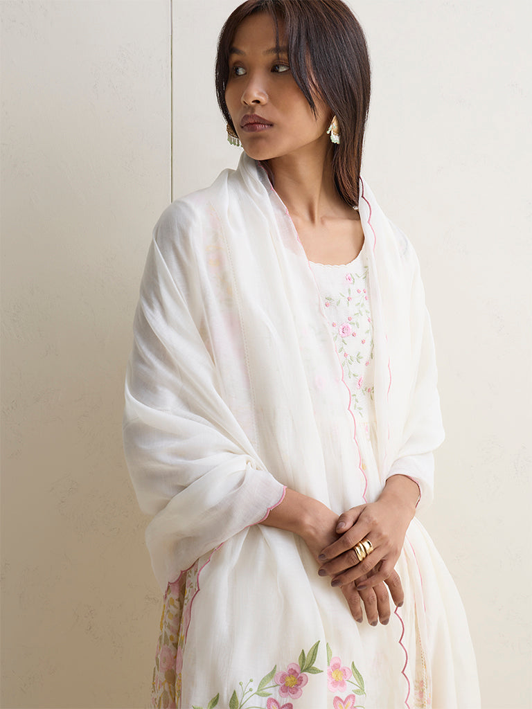 Zuba Off-White Floral Embroidered Silk Chanderi Dupatta