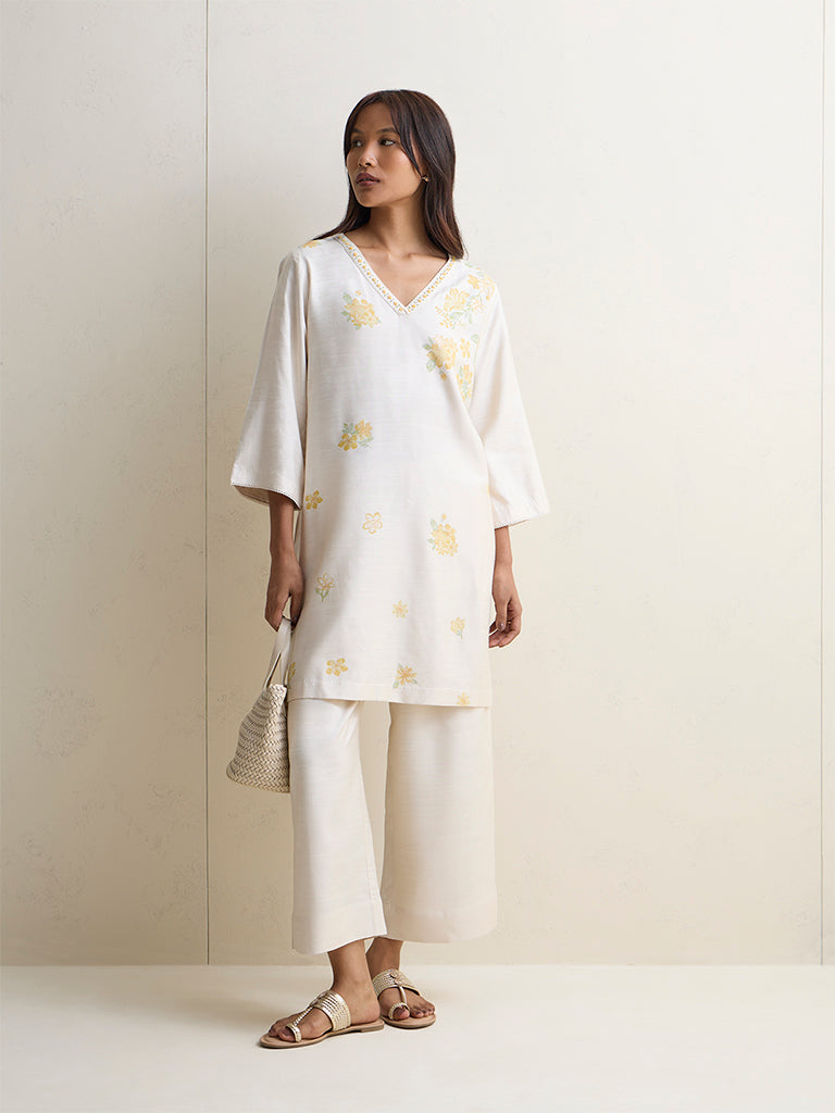 Zuba Ivory Foliage Pattern Silk Blend A-Line Kurta
