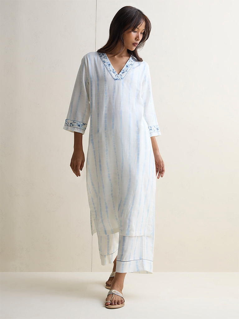 Zuba White Printed Silk Blend A-Line Kurta