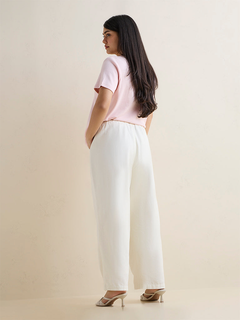 Gia Beige Solid Straight-Fit Cotton-Blend Pants