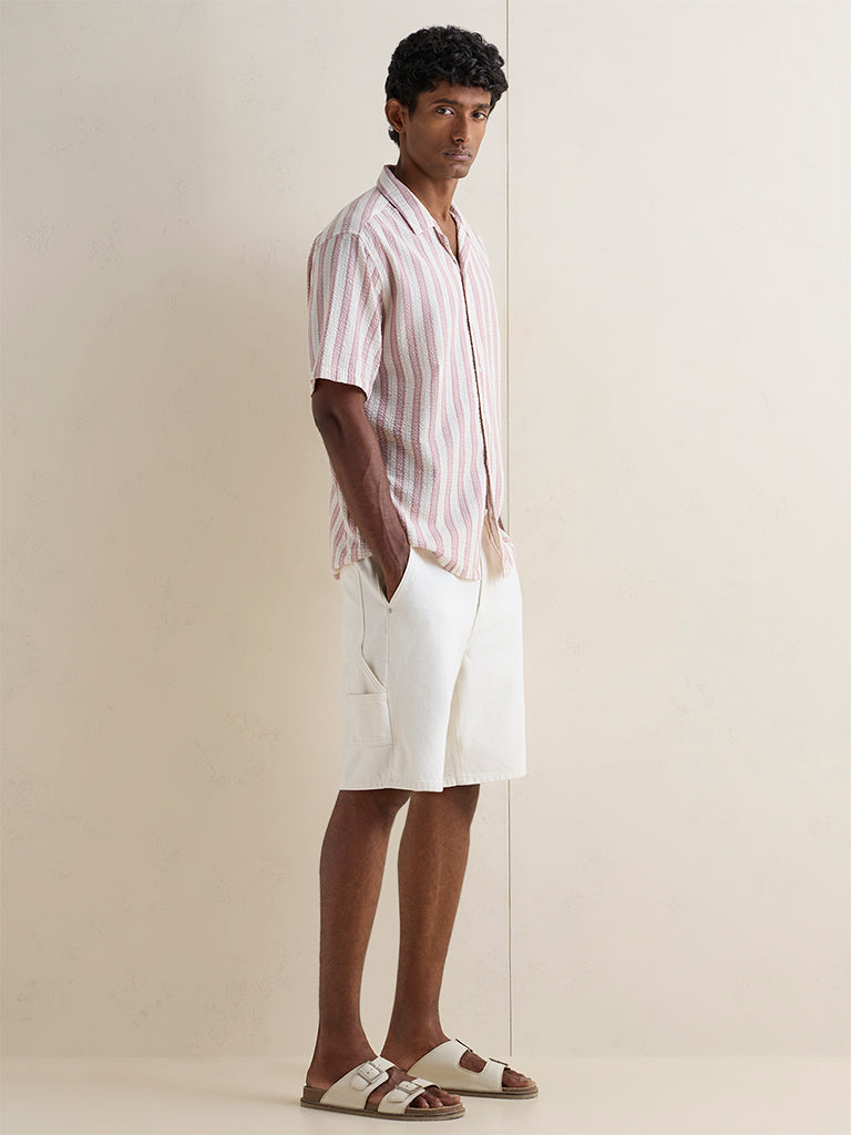WES Casuals Dusty Pink Striped Relaxed-Fit Cotton Shirt